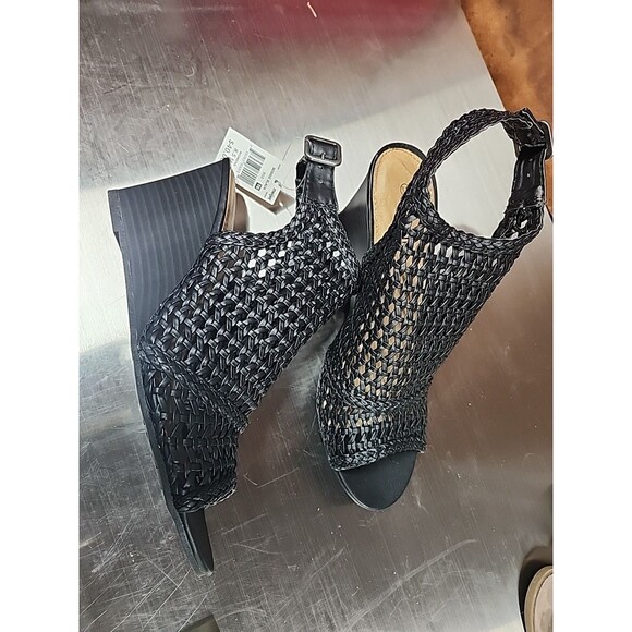 MASSINI Bobbie Black Wedge Block Heel Open Toe Sandal Woven New with Tags Sz 8.5 - Picture 1 of 13